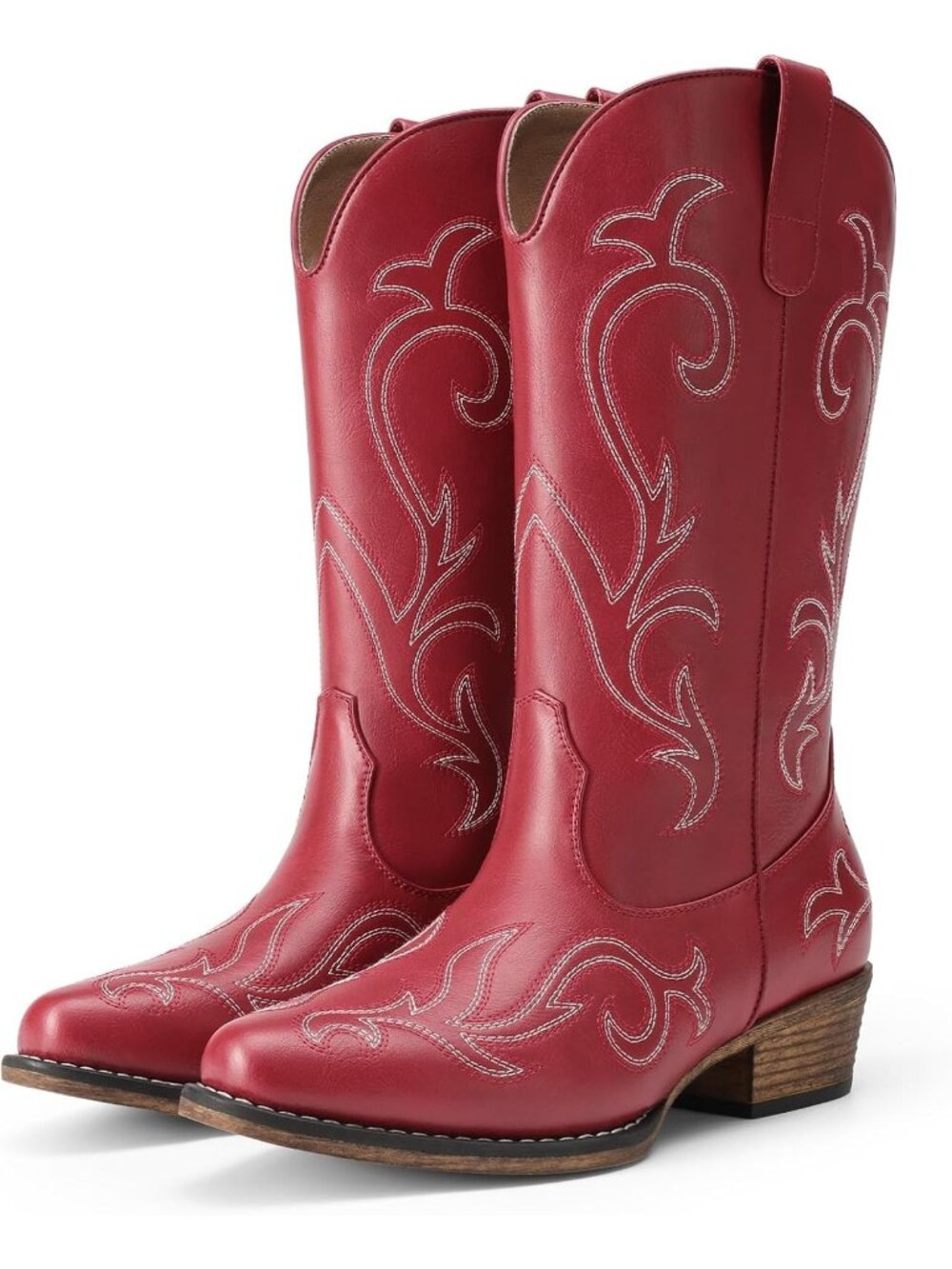 DREAM PAIRS Women's Classic Red Square Toe Western Cowgirl Mid Calf Boot Shoes